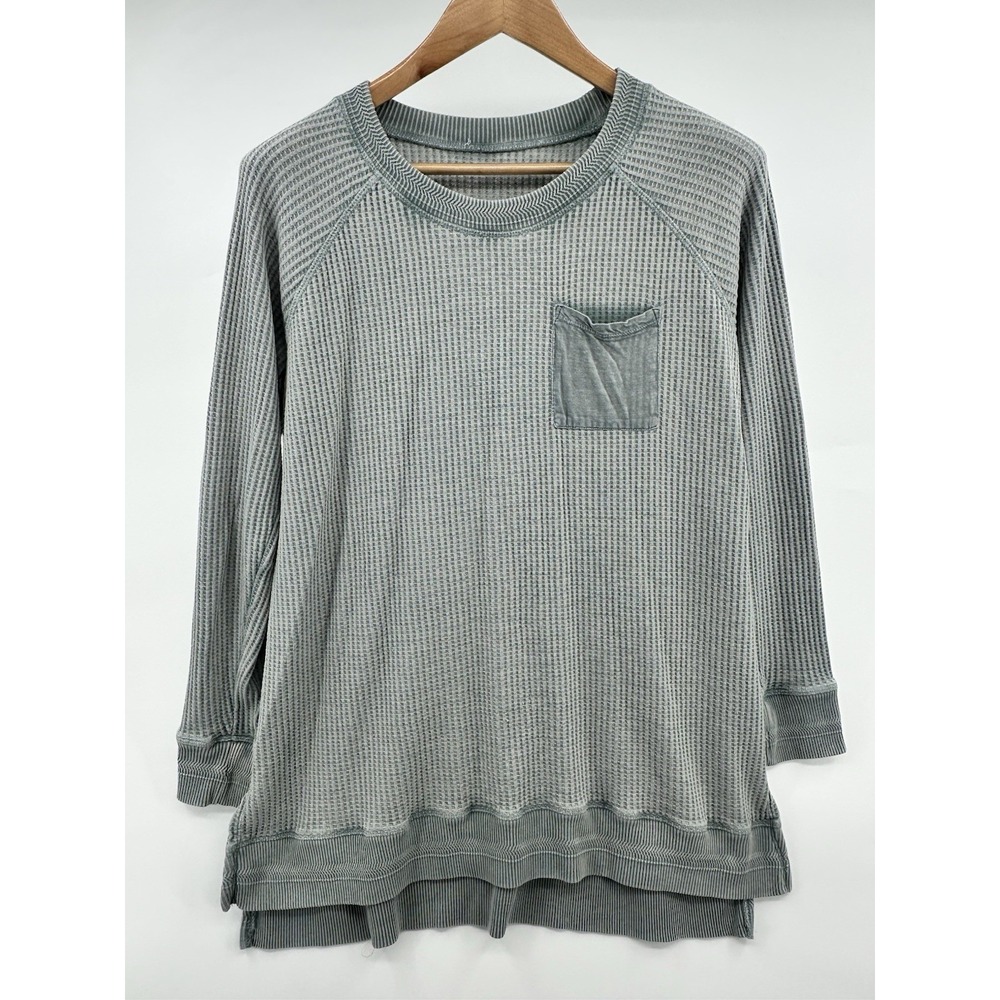 Soft Surroundings Green Waffle Knit Thermal Top Womens XL Acid Wash Pocket